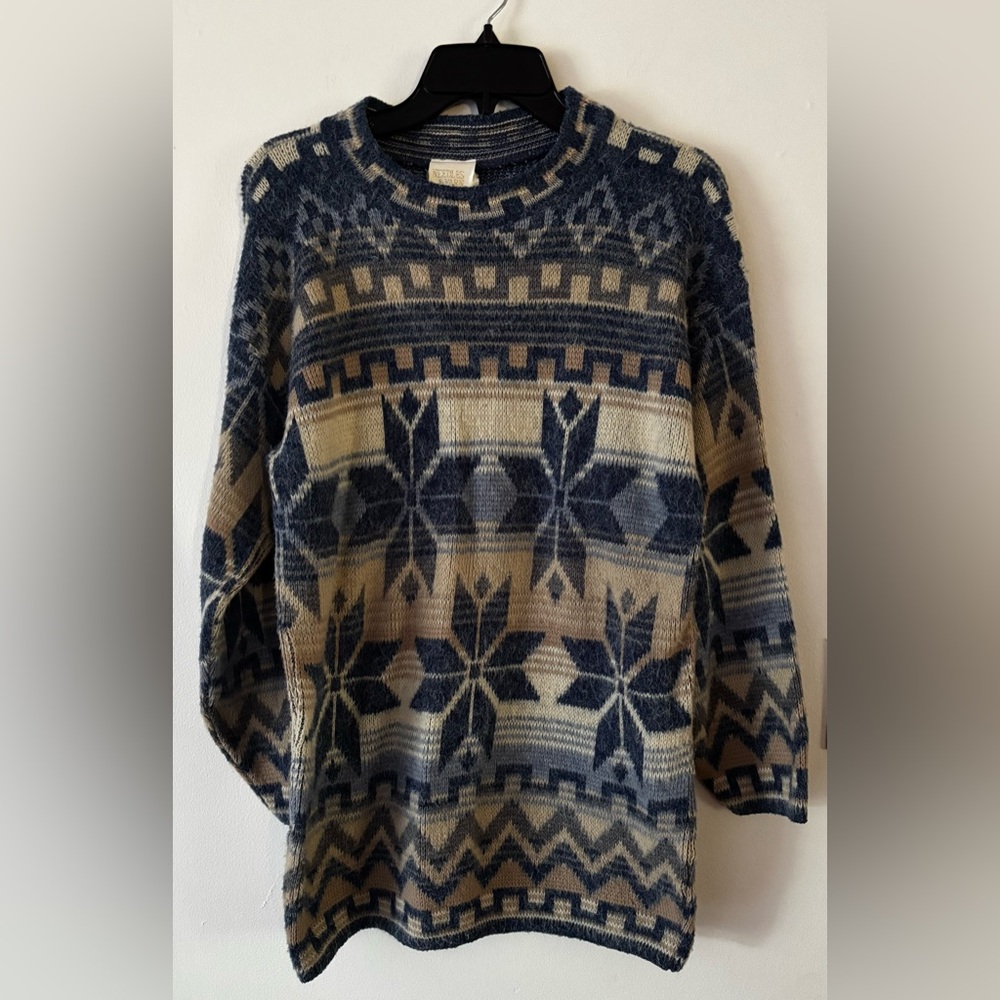 Needles & Yarn blue beige brown crewneck Nordic Fair Isle vintage sweater small